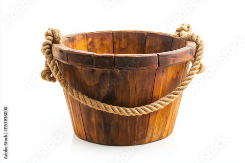 Selective focus wooden bucket isolated on white background, Antique wooden bucket with rope for water on white. photo