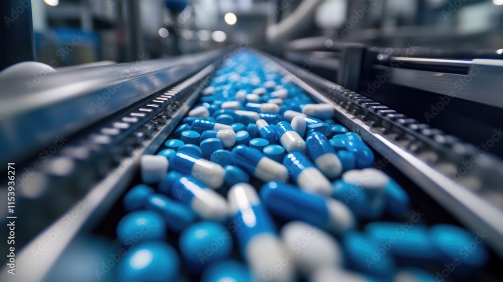 Fototapeta premium Blue and White Pills Flowing on a Conveyor Belt