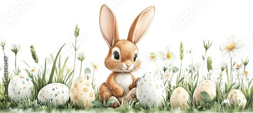 In a vibrant spring meadow filled with blooming flowers, a charming bunny joyfully finds itself surrounded by colorful Easter eggs, celebrating the true essence of the beautiful season