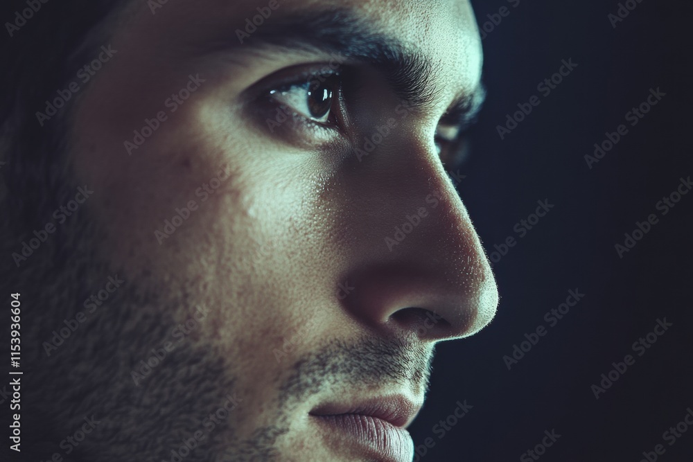 Man's Profile, Intense Gaze, Dramatic Lighting Man's Profile, Intense Gaze, Dramatic Lighting