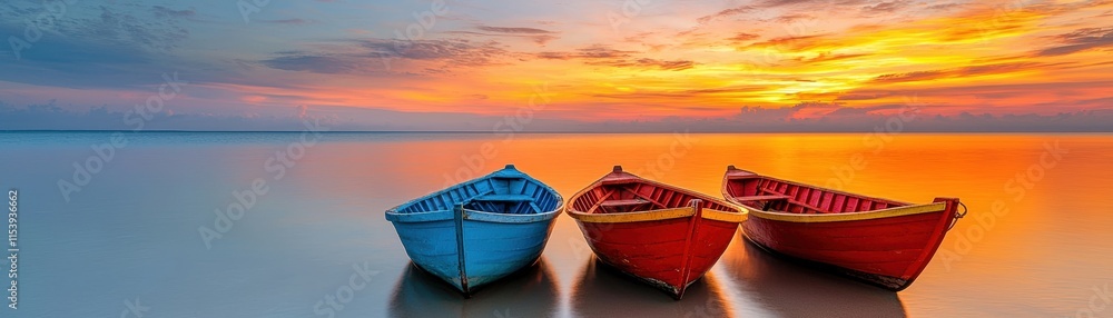 Tranquil Seascape at Sunset Featuring Colorful Boats on Calm Water and Vibrant Sky Colors Tranquil Seascape at Sunset Featuring Colorful Boats on Calm Water and Vibrant Sky Colors