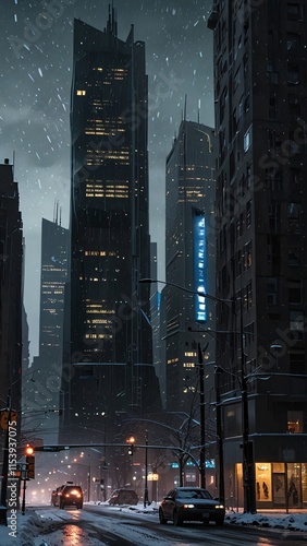 Futuristic metropolis architecture and ferris wheel view under fallen snow, vertical image