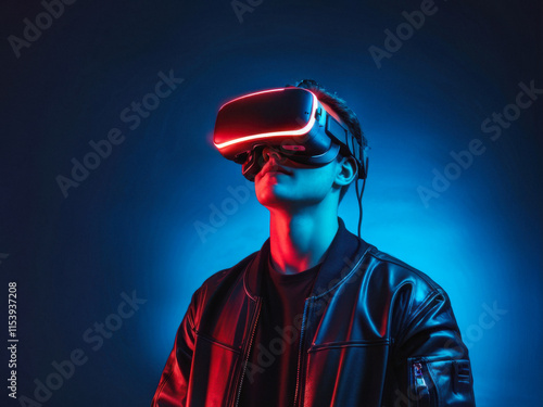 A futuristic portrait of a young man wearing VR goggles, illuminated by vibrant neon blue and red lighting, immersed in a digital world. Generative AI