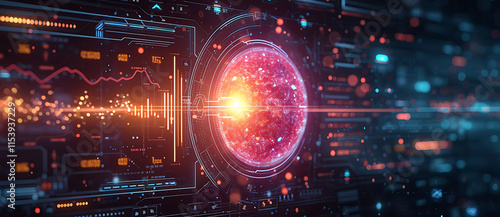 A futuristic interface displaying a glowing orb surrounded by high-tech data visualizations and analytics background. photo