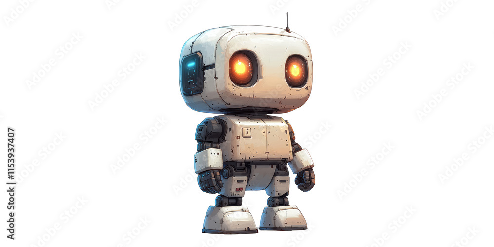 Cute robot toy with glowing eyes isolated on transparent background Cute robot toy with glowing eyes isolated on transparent background