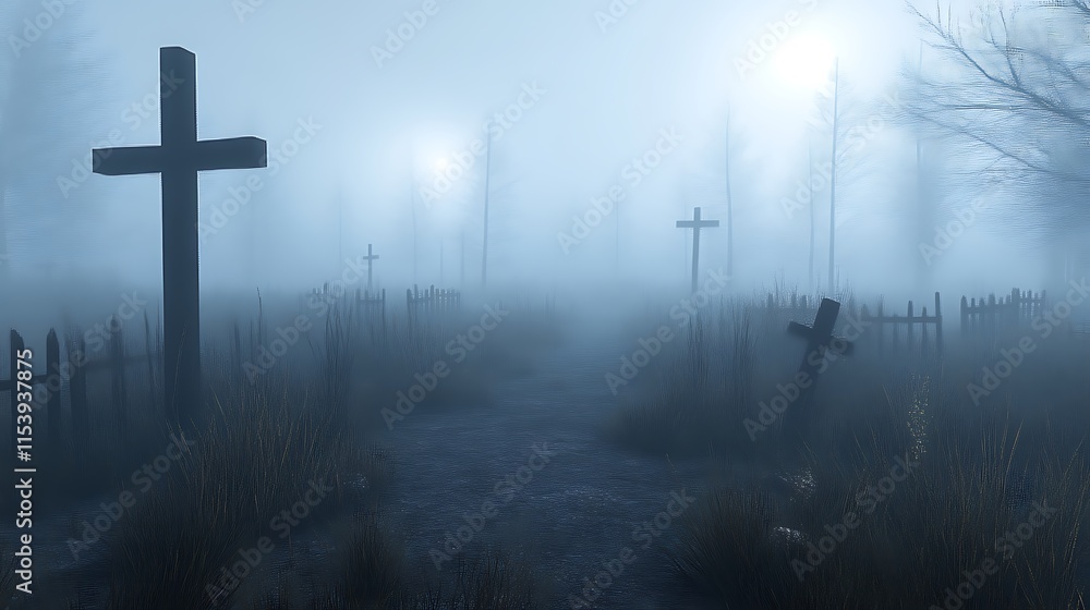 Naklejka premium Foggy graveyard with crosses at night.