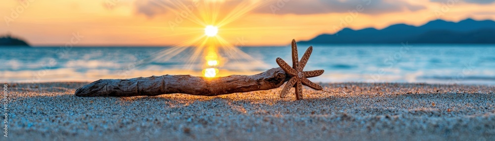 Sunset Over Sandy Beach with Starfish and Driftwood, Ocean Waves in Background Sunset Over Sandy Beach with Starfish and Driftwood, Ocean Waves in Background