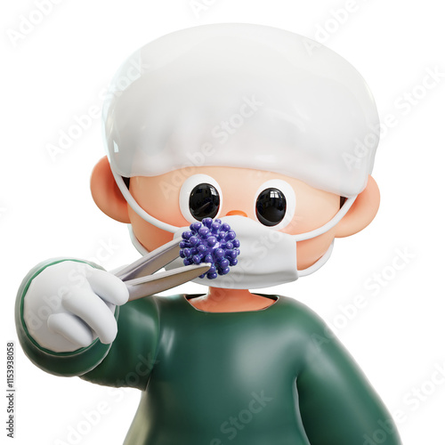 Surgeon hold virus with tweezer. Doctor in gloves, mask and uniform in operating room. 3D cute cartoon character. male doctor with stethoscope. Concept of science, medical, health, healthcare