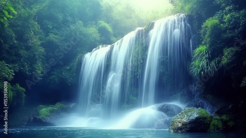 Serene Waterfall in Misty Forest with Soft Lighting