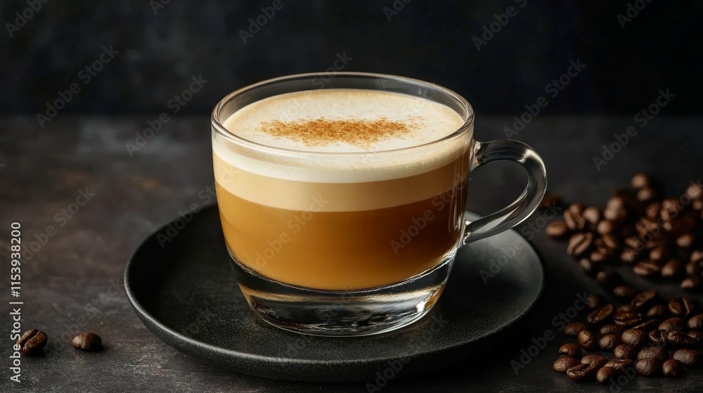 A glass of layered coffee with frothy milk, served on a dark plate alongside coffee beans. A glass of layered coffee with frothy milk, served on a dark plate alongside coffee beans.