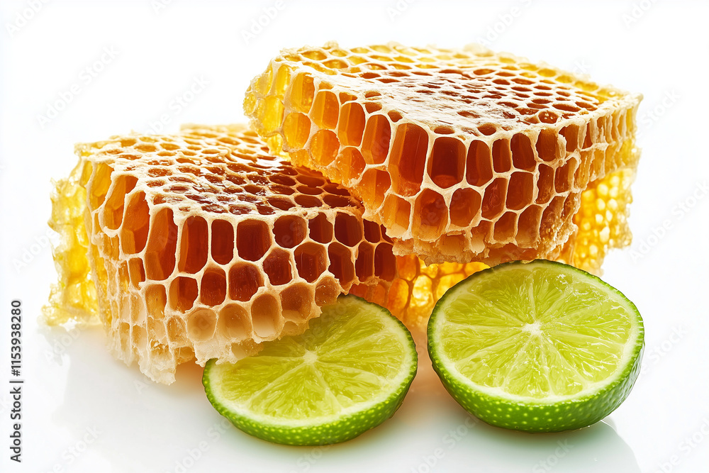 Selective focus honeycomb with sliced of lime isolated on white background, Apiary with fresh green lime. Selective focus honeycomb with sliced of lime isolated on white background, Apiary with fresh green lime.