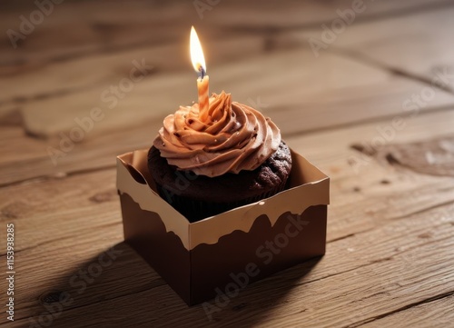 Chocolate cupcake in a rectangular gift box, topped with a single lit birthday candle, sitting on a wooden surface, candle, gift photo