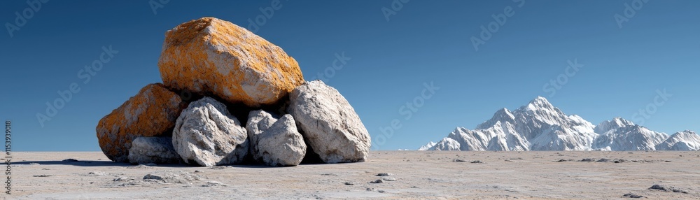 Colorful Stones Against a Clear Blue Sky and Majestic Snow-Capped Mountains in Background Colorful Stones Against a Clear Blue Sky and Majestic Snow-Capped Mountains in Background
