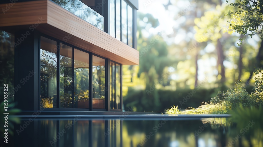 Fototapeta premium Modern Architectural Design with Glass and Wood Elements in Nature