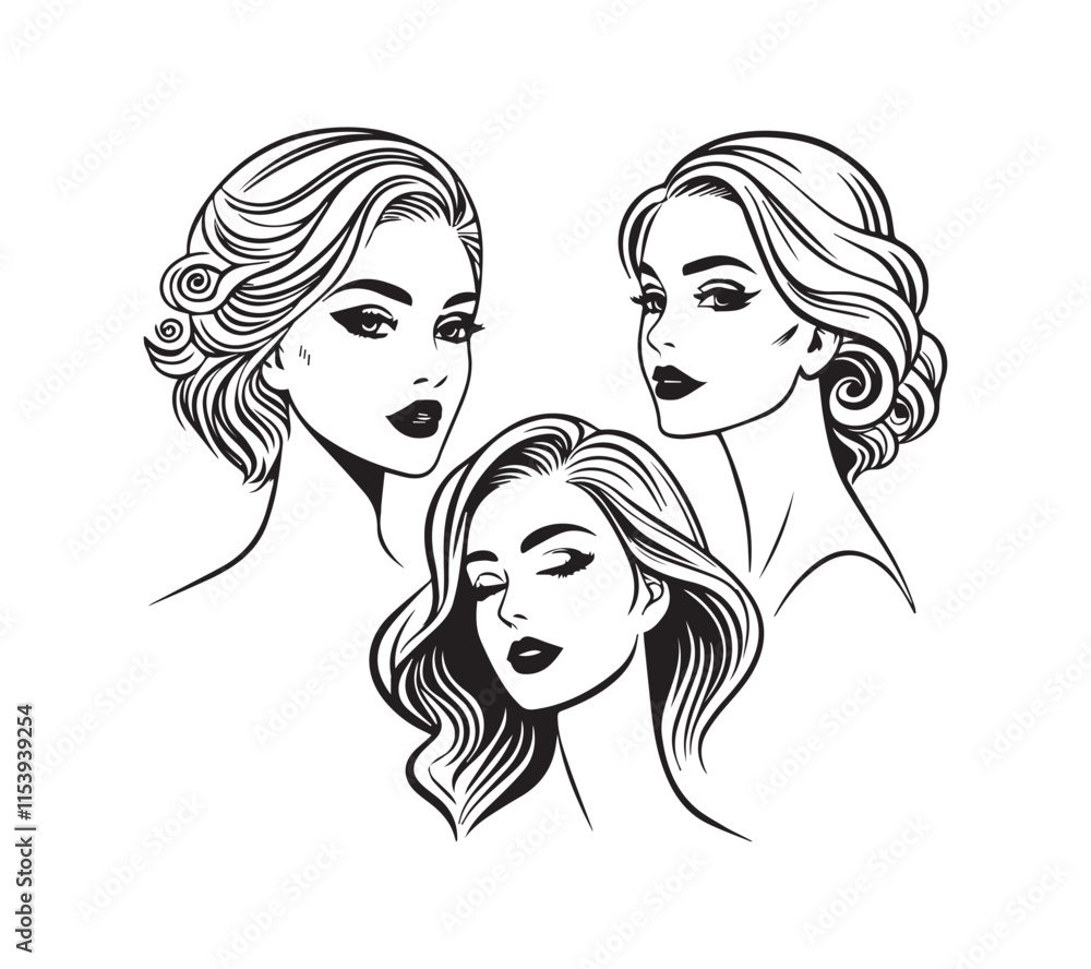 Set of stylized woman faces. Modern single line art. Woman beauty fashion concept, minimalistic style Black and white Set of stylized woman faces. Modern single line art. Woman beauty fashion concept, minimalistic style Black and white