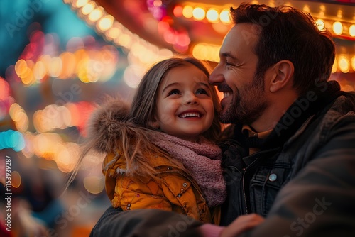 Father and daughter laugh on a colorful carousel at a carnival, surrounded by bright lights and quirky decorations. The image radiates warmth and happiness, ideal for family product ads or  bonding. photo