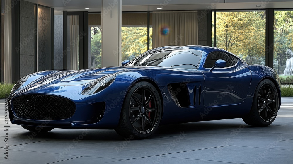Sleek blue sports car parked in modern garage. Sleek blue sports car parked in modern garage.