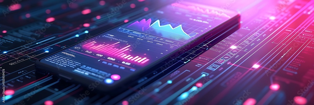 A futuristic smartphone interface displaying data analytics with glowing charts and graphs. Represents technology and innovation. Background A futuristic smartphone interface displaying data analytics with glowing charts and graphs. Represents technology and innovation. Background