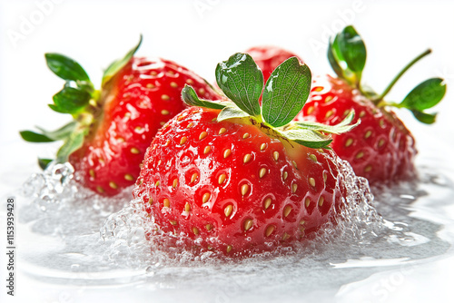 Selective focus fresh harvest strawberry in water isolated on white background, Glossy strawberry with water splash for commercial advertisement, Refreshing concept red ripe strawberry on white.