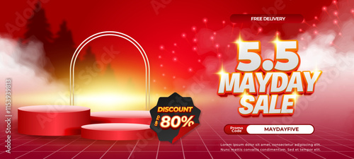 5.5 Mayday Sale discount deals vibrant red gradient Editable text effect Podium Showcase decorative Horizontal banner