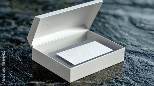 A close-up view of an open box displaying a blank business card inside. The box has a clean design and is placed on a textured surface. photo