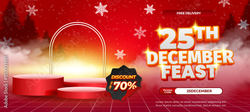 25 December Festival Sale discount deals vibrant red gradient Editable text effect Podium Showcase decorative Horizontal banner