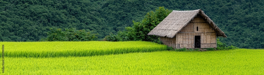 Serene Landscape with Traditional Bamboo House Surrounded by Lush Green Rice Field Serene Landscape with Traditional Bamboo House Surrounded by Lush Green Rice Field