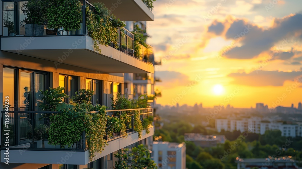 Fototapeta premium Modern Balcony with Greenery Overlooking Sunset in Urban Cityscape