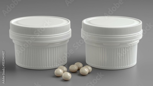 Two white containers sit next to round white capsules on a grey background, highlighting a clean, minimalist design suitable for product presentation. photo