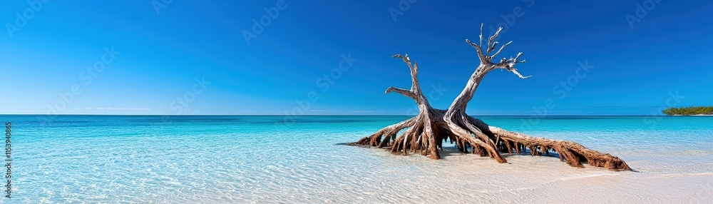 Tranquil Seascape with Weathered Tree and Crystal Clear Turquoise Waters on Sandy Beach Tranquil Seascape with Weathered Tree and Crystal Clear Turquoise Waters on Sandy Beach