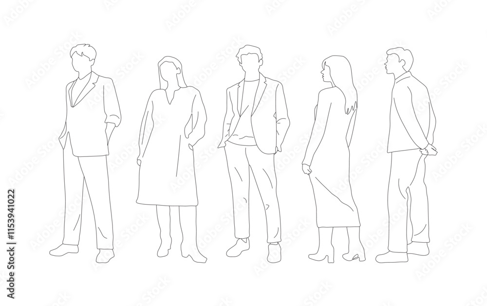 Group of Business Professionals Black and White Vector Illustration. Business Men and Women Standing Minimalist Vector Sketch. Group of Business Professionals Black and White Vector Illustration. Business Men and Women Standing Minimalist Vector Sketch.