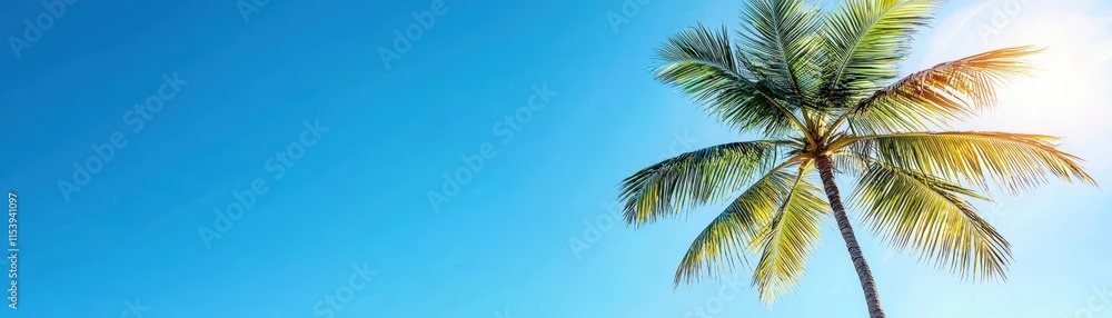 Lush Tropical Palm Tree Against Clear Blue Sky with Bright Sunlight and Vibrant Colors Lush Tropical Palm Tree Against Clear Blue Sky with Bright Sunlight and Vibrant Colors