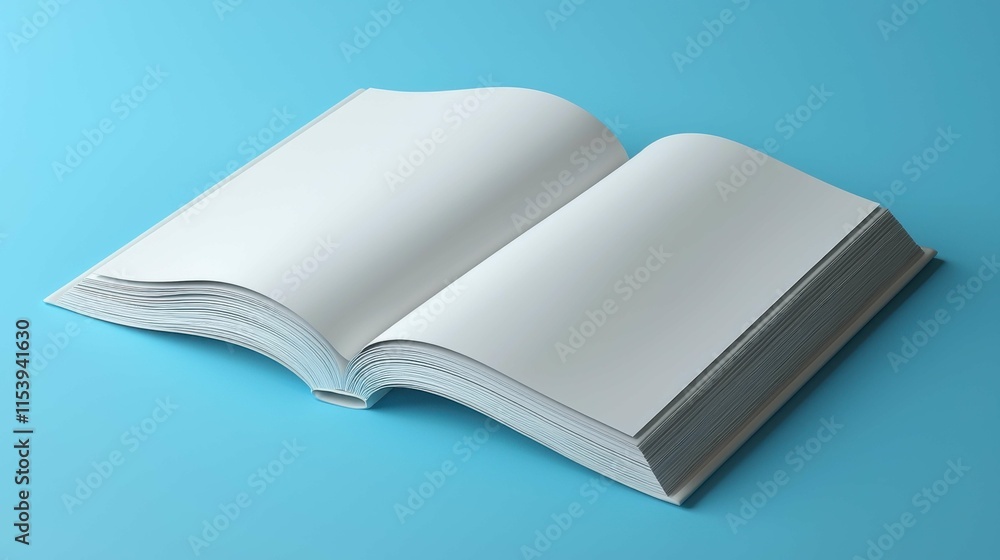An open blank book lies flat on a smooth blue surface, ready for writing or drawing, inviting creativity and imagination. An open blank book lies flat on a smooth blue surface, ready for writing or drawing, inviting creativity and imagination.