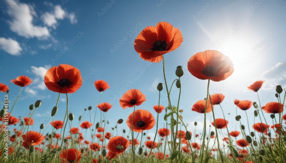 Fototapeta premium Sun-drenched poppies swaying gently, blue sky , poppies, flowers, landscape