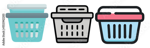 Colorful Laundry and Storage Basket Illustrations, Set of three colorful basket illustrations, including laundry and storage baskets, ideal for organizing, household, or shopping-related designs.
