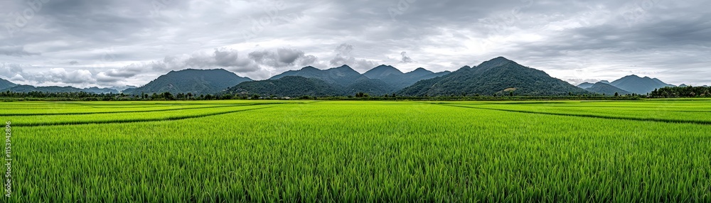 Lush Green Rice Fields with Mountains Under a Dramatic Cloudy Sky in Scenic Landscape Lush Green Rice Fields with Mountains Under a Dramatic Cloudy Sky in Scenic Landscape