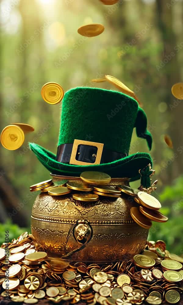 Lucky pot of gold with leprechaun hat and golden coins falling from the sky in enchanting forest setting Lucky pot of gold with leprechaun hat and golden coins falling from the sky in enchanting forest setting