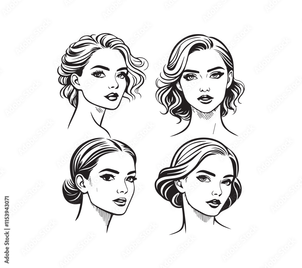 Set of stylized woman faces. Modern single line art. Woman beauty fashion concept, minimalistic style Black and white Set of stylized woman faces. Modern single line art. Woman beauty fashion concept, minimalistic style Black and white