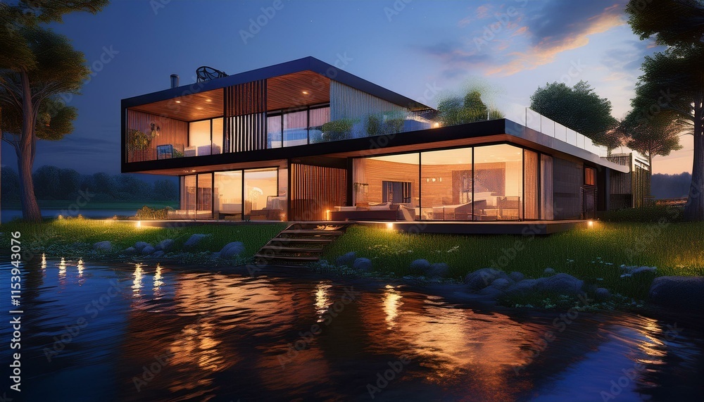 Hotel in the night - 3d rendering of modern house Hotel in the night - 3d rendering of modern house