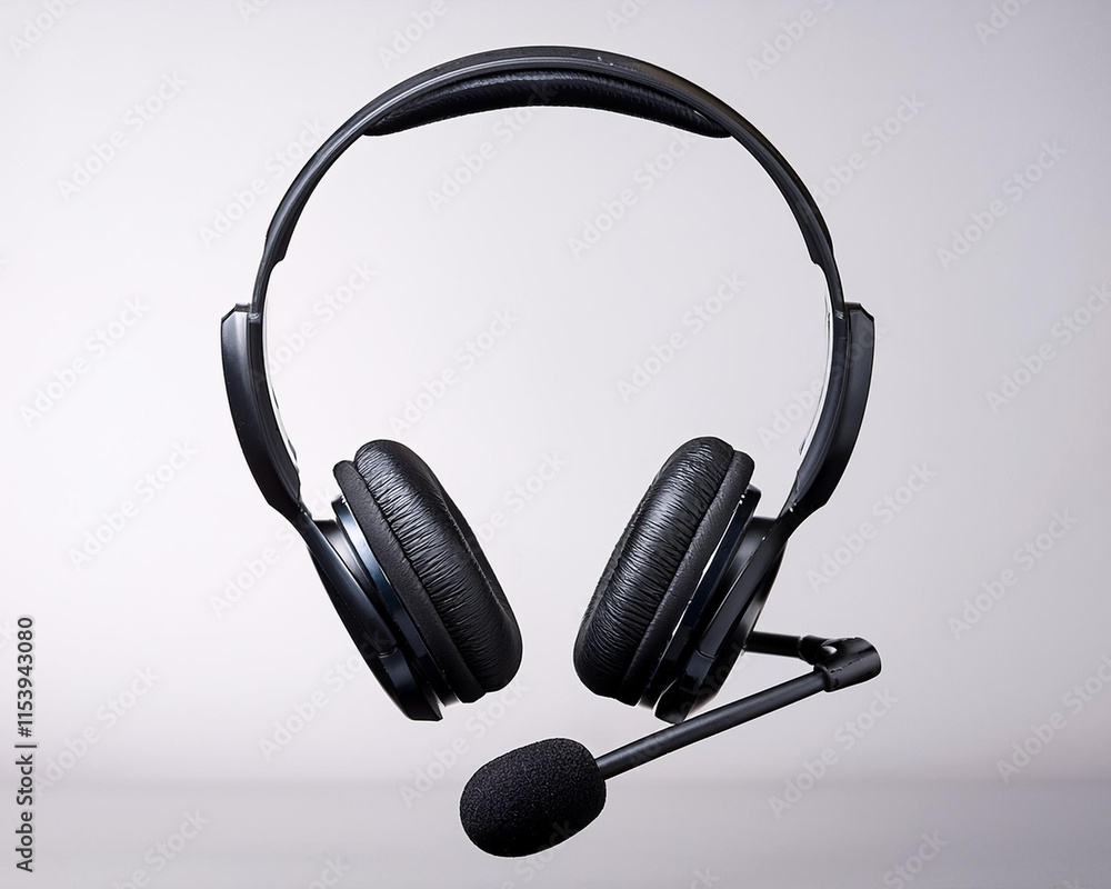 A microphone attached to a black headset A microphone attached to a black headset
