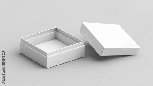 A minimalist design of an empty white box with a separate lid, set against a light gray background, showcasing a simple and elegant packaging concept. photo