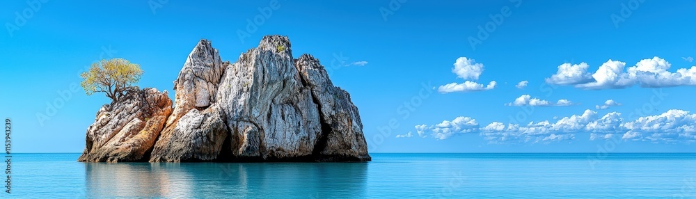 Tranquil Seascape with Rugged Rock Formation and Isolated Tree Against a Clear Blue Sky Tranquil Seascape with Rugged Rock Formation and Isolated Tree Against a Clear Blue Sky