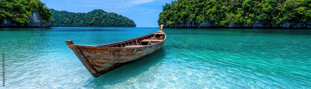 Serene Tropical Landscape with Wooden Boat in Crystal Clear Water Surrounded by Lush Green Hills Serene Tropical Landscape with Wooden Boat in Crystal Clear Water Surrounded by Lush Green Hills