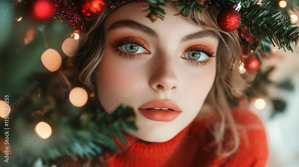 Festive christmas portrait of a young woman surrounded by holiday decorations cozy indoor setting close-up view Festive christmas portrait of a young woman surrounded by holiday decorations cozy indoor setting close-up view