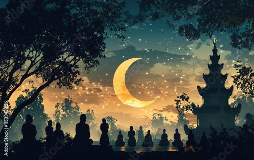 Silhouetted figures meditate by water under a crescent moon and starlit sky near a pagoda. photo