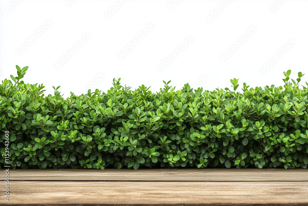 Obraz premium Selective focus green bush wall in garden isolated on white background, Landscape view of bush plant for decorative in backyard garden with wooden table on white.