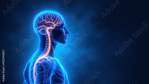 Vagus Nerve Stimulation (VNS) Image of a person with highlighted nerve pathways on a blue background.