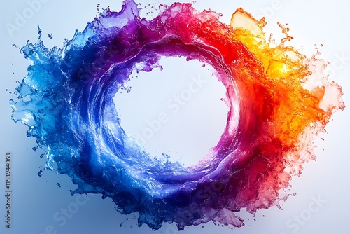 A vibrant splash of liquid paint against white with red, orange, yellow, and blue colors blended together photo