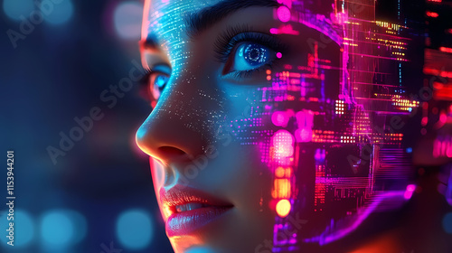 Wallpaper Mural Close-up of a futuristic human face with glowing digital patterns and AI effects Torontodigital.ca