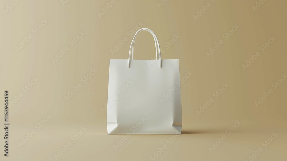 A minimalist, elegant white shopping bag with handles displayed against a soft beige background, ideal for branding and design purposes. A minimalist, elegant white shopping bag with handles displayed against a soft beige background, ideal for branding and design purposes.
